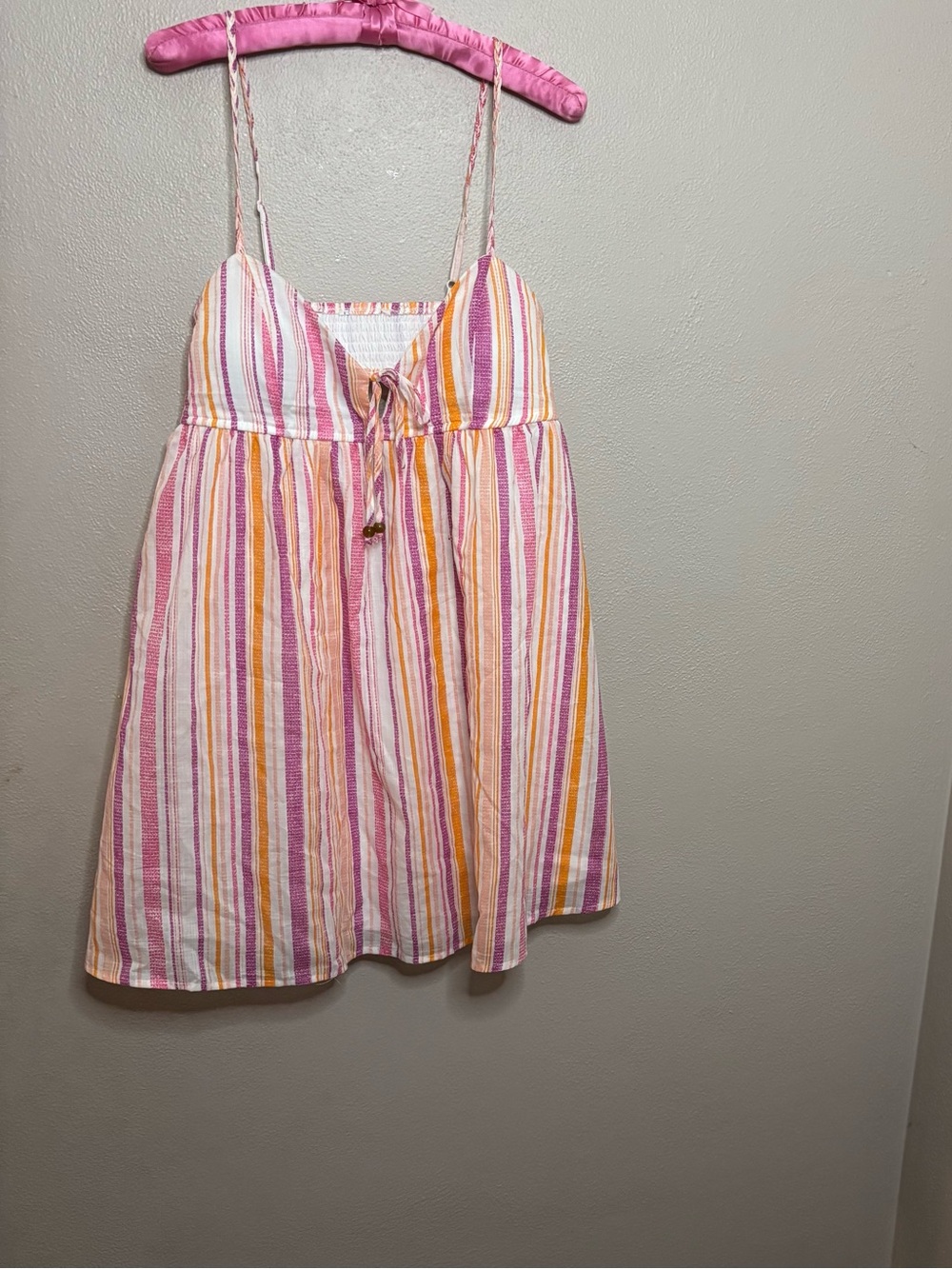 🌴 Pink Orange Striped Cotton Sundress Tie Front Smock Back Cottagecore Beachy M